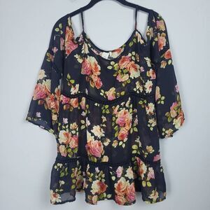 Paper Crane Womens Floral Sheer Blouse Size Large Cold Shoulder Tiered Crochet